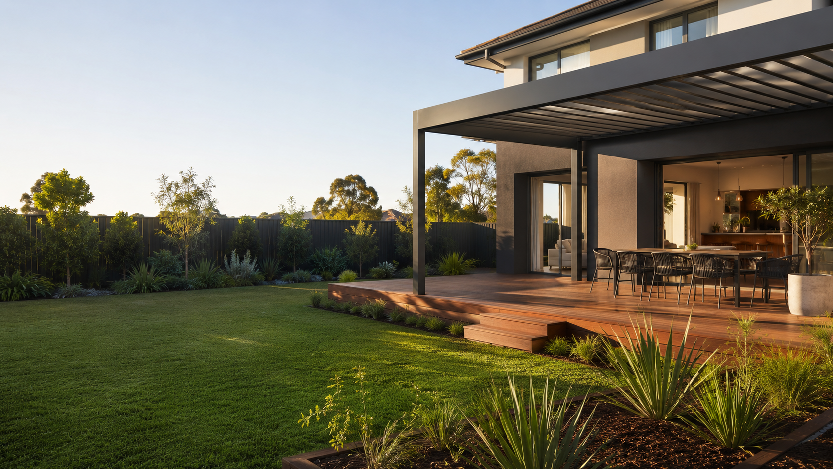 Modern landscaped Sydney backyard with lawn, garden beds, deck and pergola